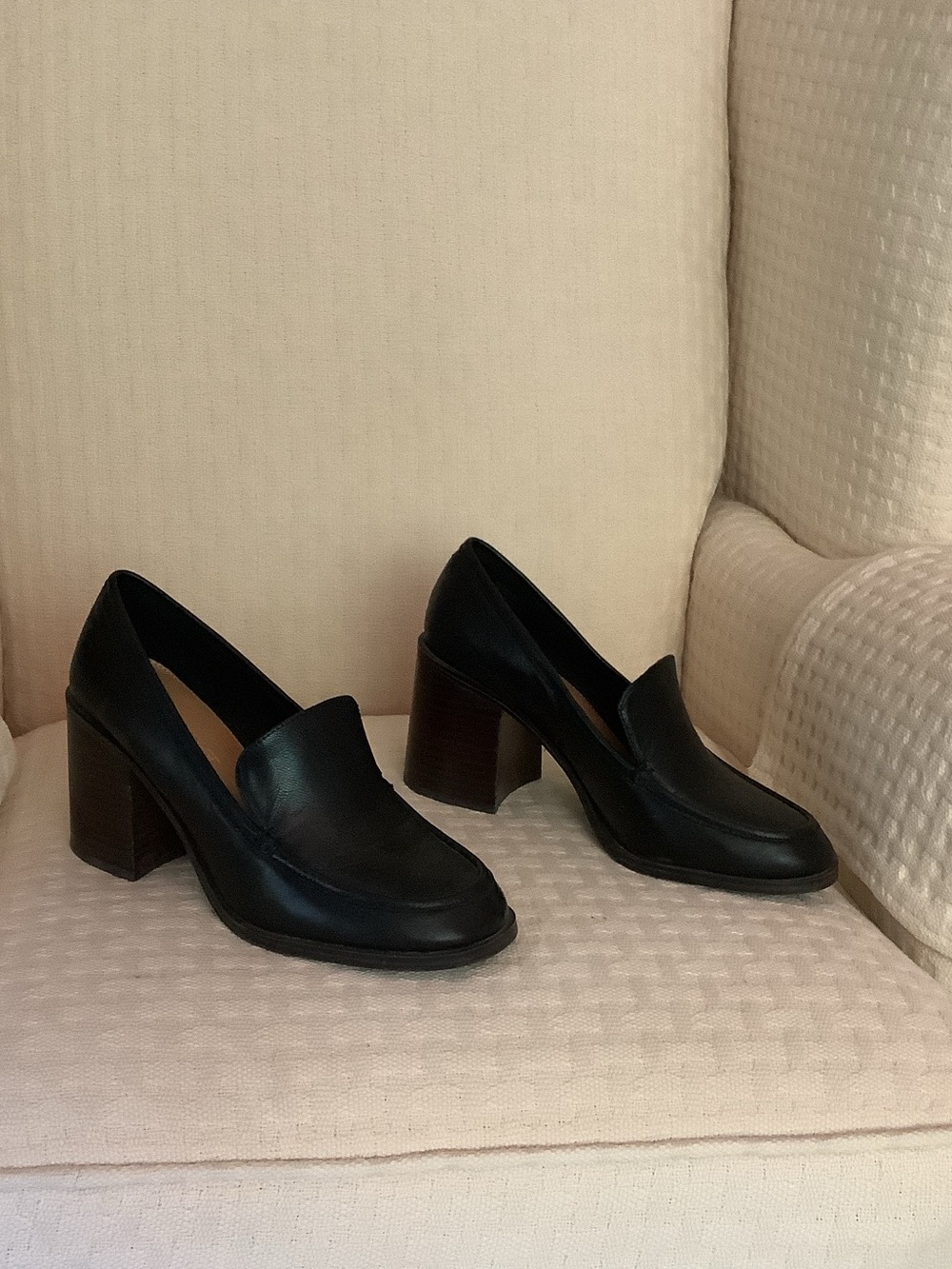 Crown Vintage Black Leather Block-Heel Loafers